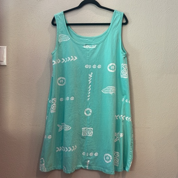 Baba Hawaiian. Teal blue. Tank style midi dress. Polynesian sea pattern. Size XL - Picture 4 of 5
